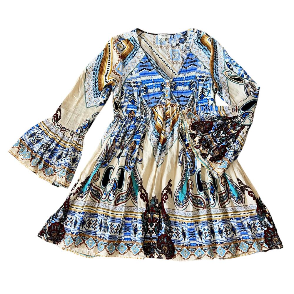 Umgee Blue and Cream Patterned Mini Dress